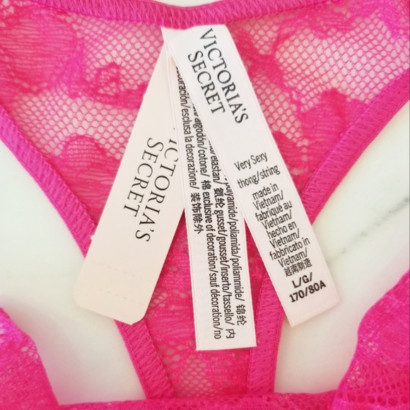 Victoria's Secret Very Sexy Pink Lace Rhinestone Crystal Strap Thong Panty NWT - Picture 9 of 12